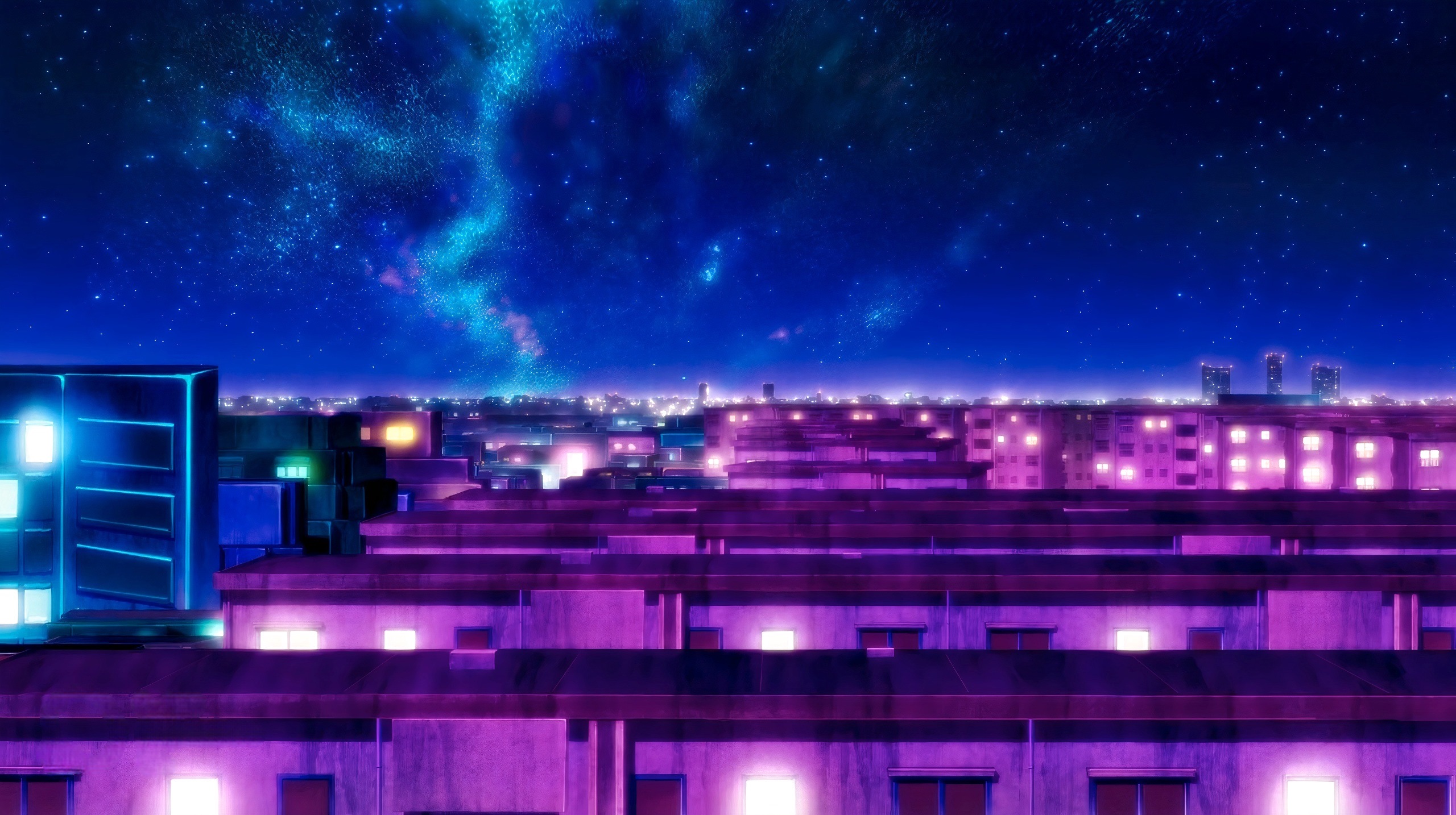 Wallpaper Yofukashi No Uta, City, Night, Aurora, Starry Night, Sky ...