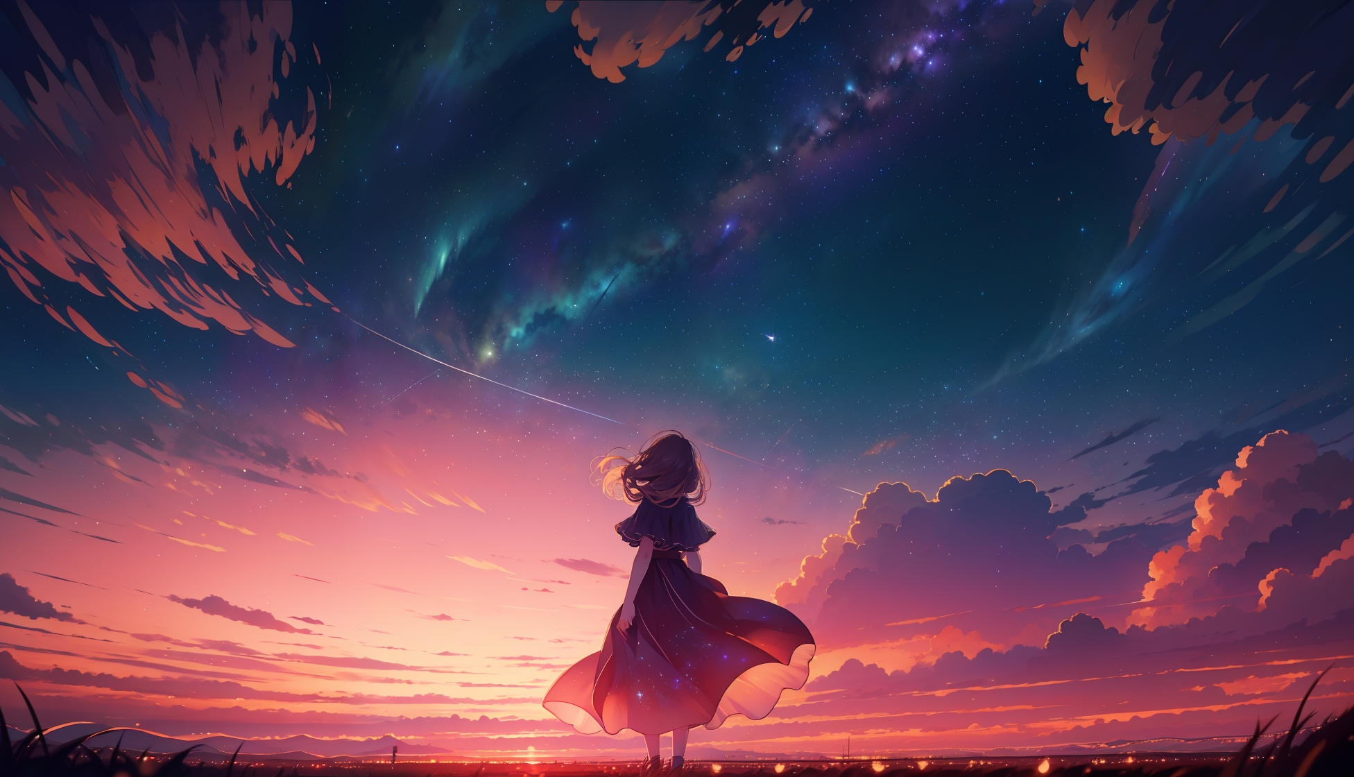 Wallpaper Anime Girl, Anime Landscape, Sky, Clouds, Dress, Scenery ...