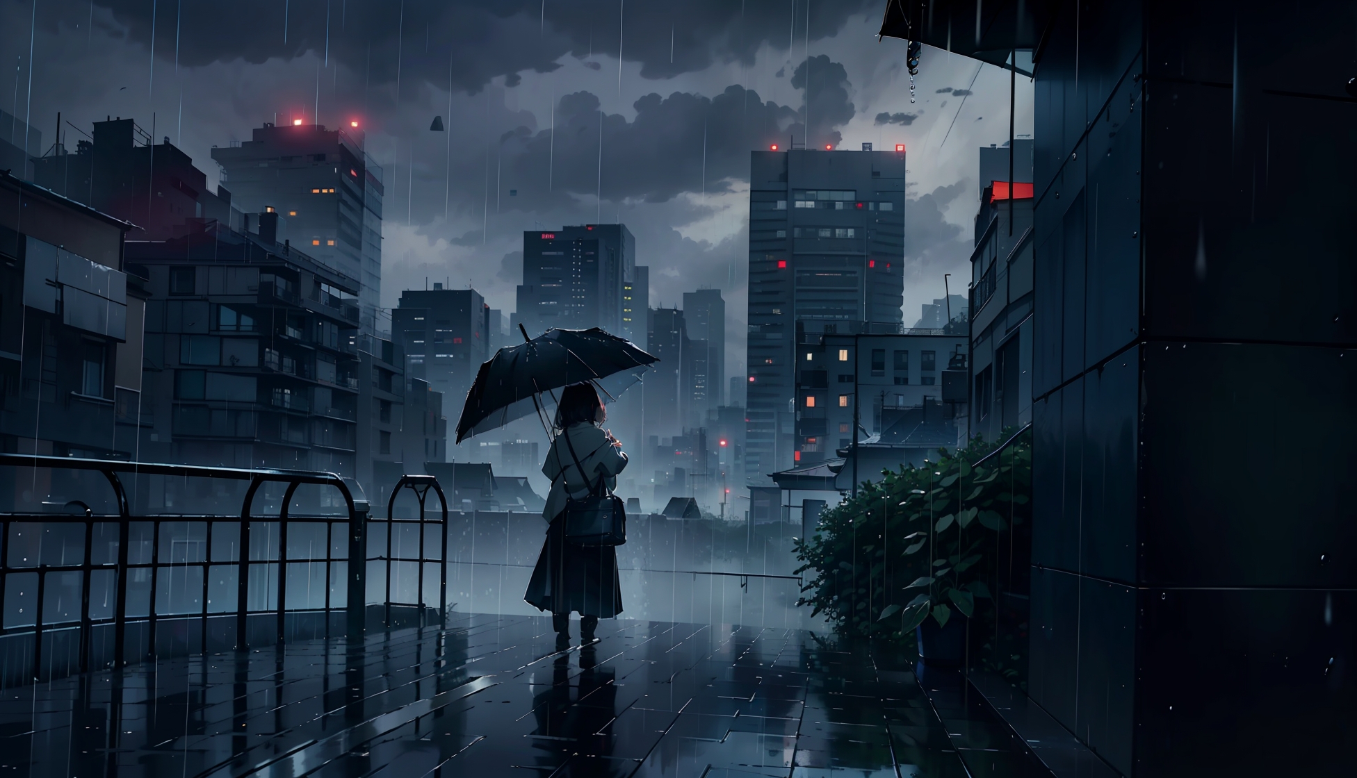 Wallpaper Anime Girl, Umbrella, Cloud, Skyscraper, AI Art, Gloomy ...