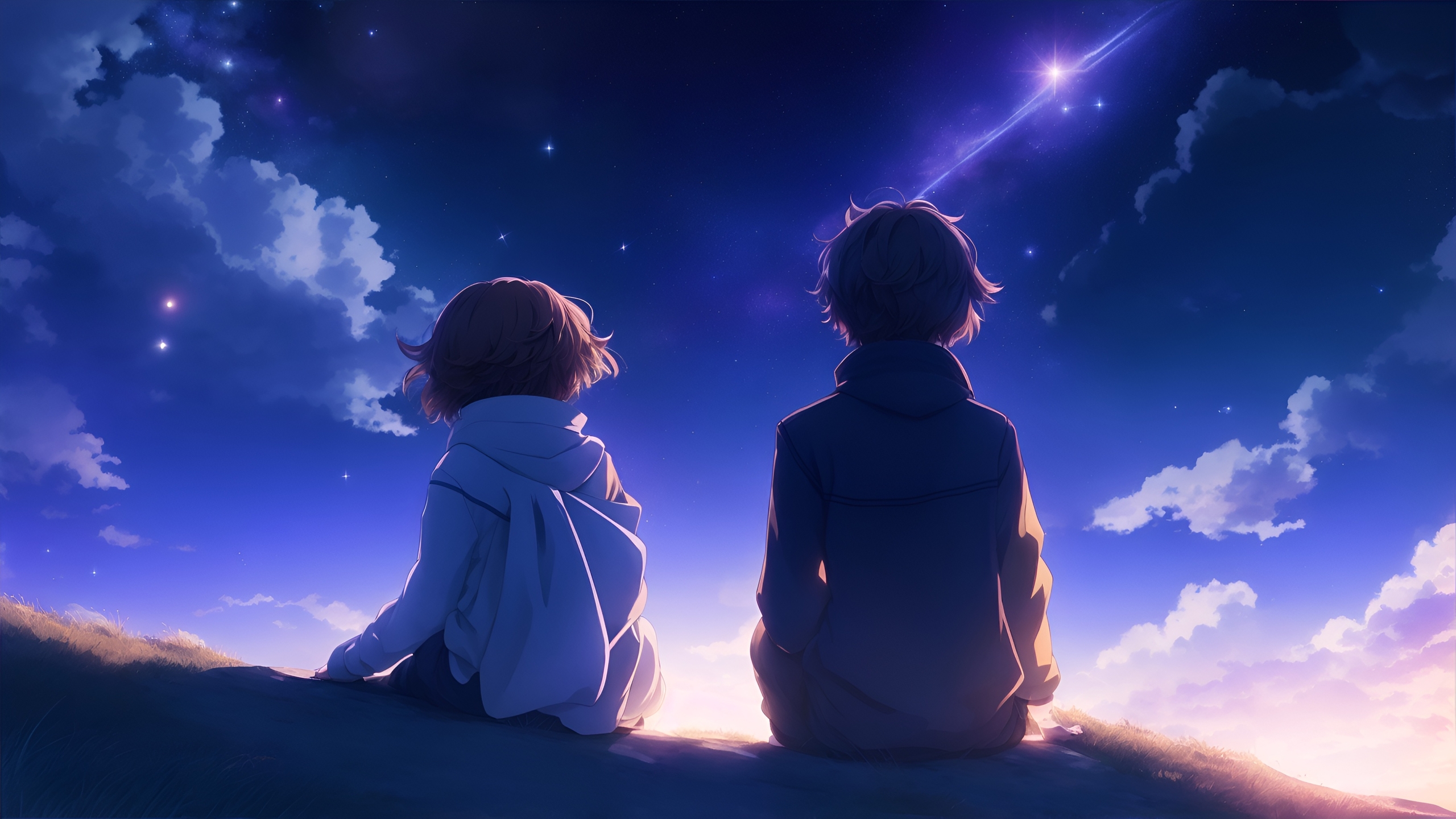 Wallpaper Anime Boy Anime Girl Couple Sky Clouds Stars Shooting Star Wallpaperhub 1277